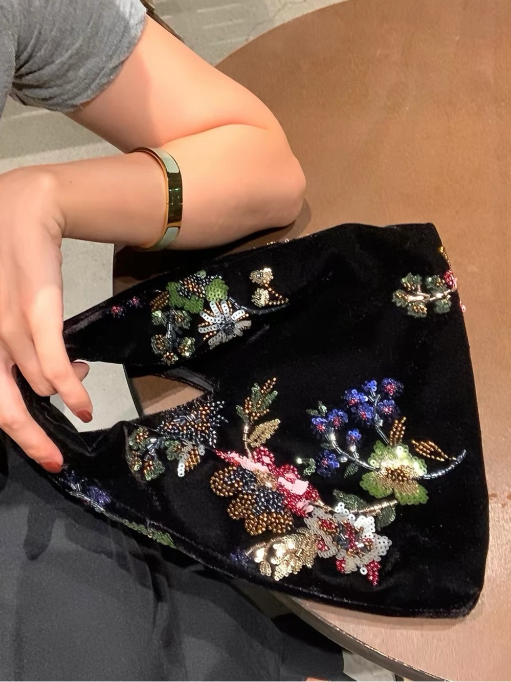 Black Embroidered Velvet Women's Handbag